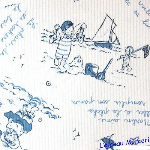 1 coupon de 1.45 mètre, de piqué de coton, fond blanc, motifs, enfants dans le sable, jeux, st malo, laize de 1.40 m