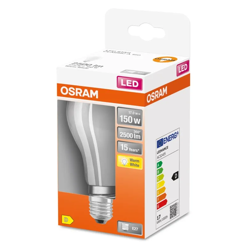 Ampoule LED Filament E27 Standard Verre Dépolie 17 W : 150 W Blanc chaud 2700 K - OSRAM
