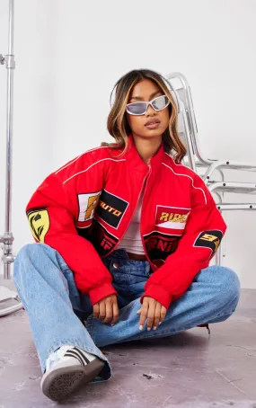 Bomber oversize rouge en coton effet peau de pêche à badge Racer