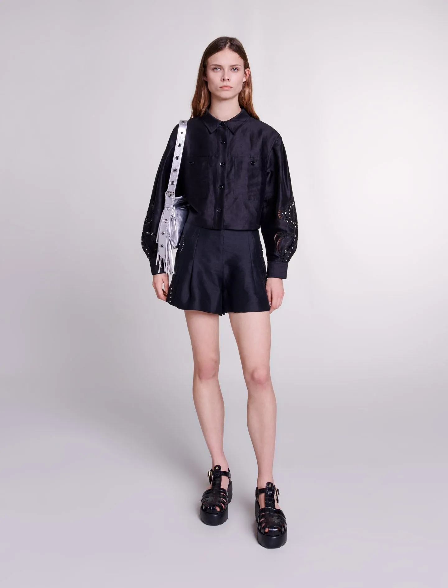 MAJE  Chemise courte brodée en lin mélangé - Noir