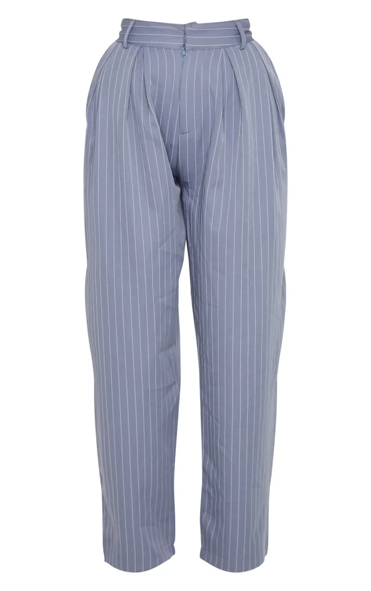 Pantalon cigarette en maille gris anthracite à rayures fines et taille haute