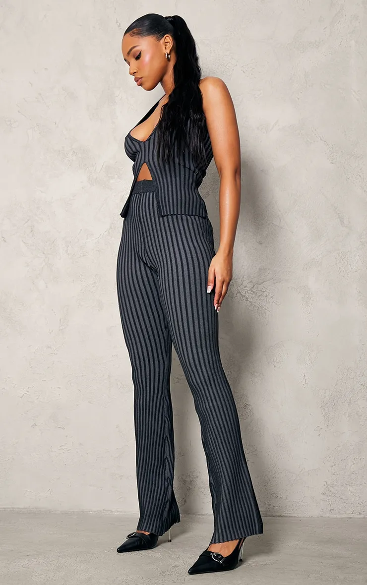 Pantalon flare en maille tricot bicolore noire