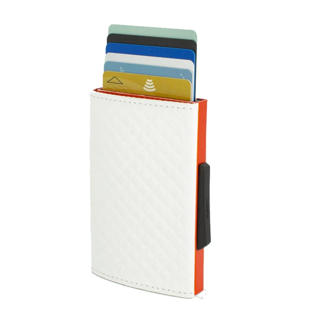 Porte carte Cascade Slim, Aluminium orange et cuir blanc Micerino, Ogon Design.