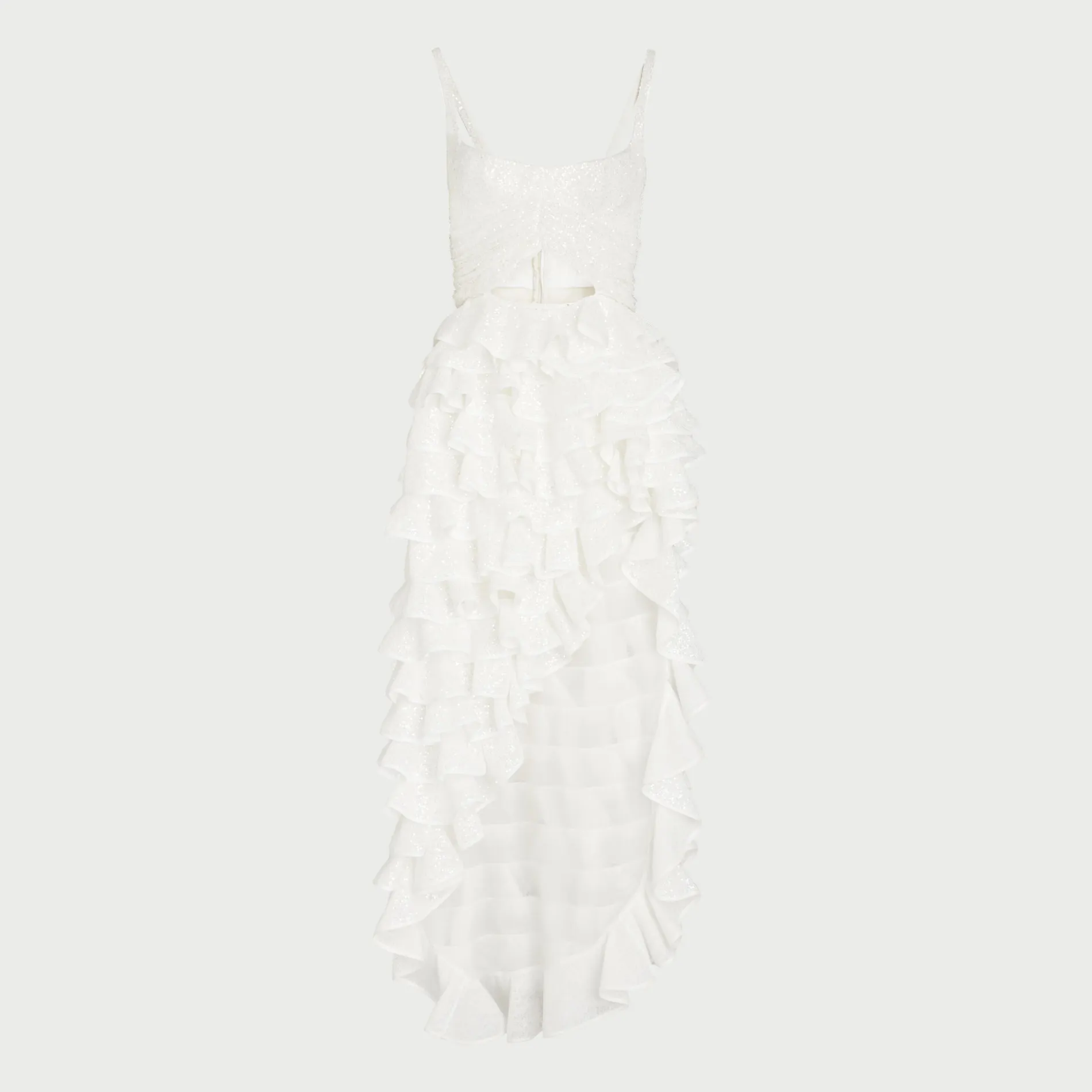 Robe blanche à volants asymétriques