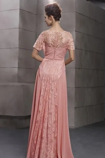 Robe de fiançailles rose vintage appliquée dentelle ajourée à mancheron