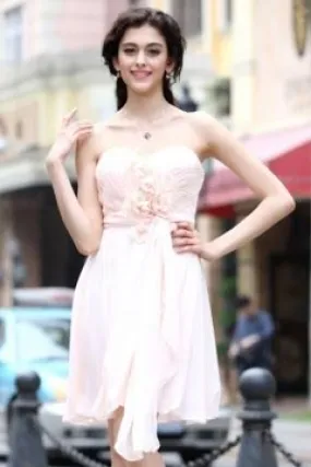 Robe de soirée rose pâle bustier cœur florale courte en mousseline