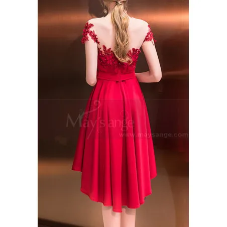 Robe Demoiselle D'Honneur Asymétrique Chic Rouge Framboise Avec Haut Fleuri