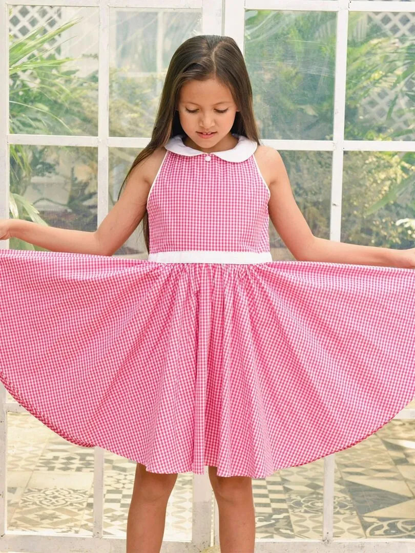 Robe Qui Tourne Fille  Carrx Vichy Rose  Col Claudine  HEPBURN - 'LA FAUTE A VOLTAIRE' - Rose framboise