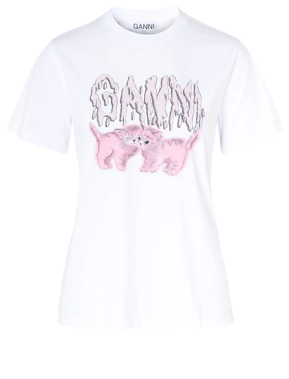 T-Shirt Ganni blanc avec imprimé rose Relaxed Cats
