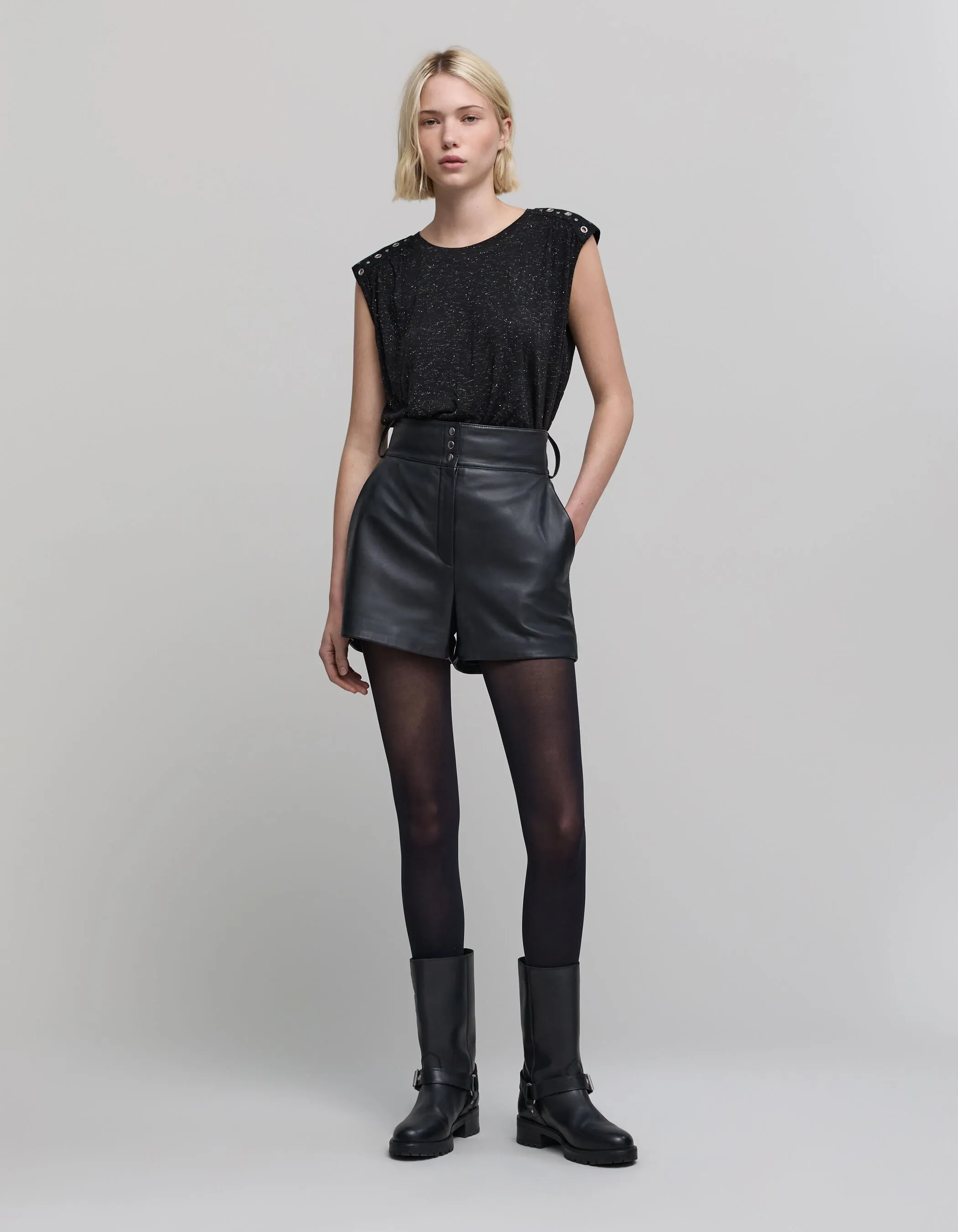 Tee-shirt noir lurex argenté décor œillets et clous Femme