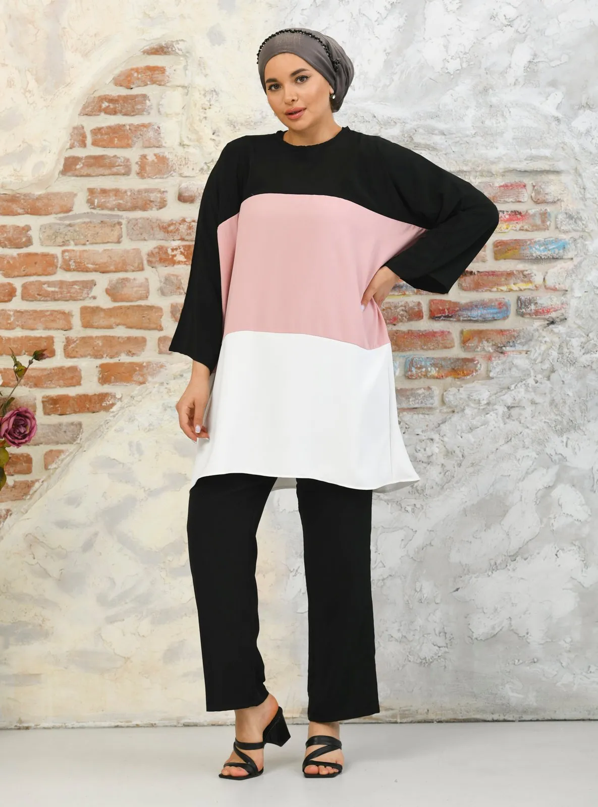 Three Color Tunic - Black Dusty Rose
